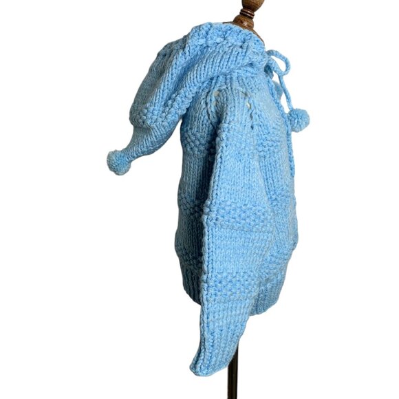 Vintage Handmade Knit Hooded Sweater 6-7 Blue Button Up Cardigan Puff Balls - Picture 5 of 7